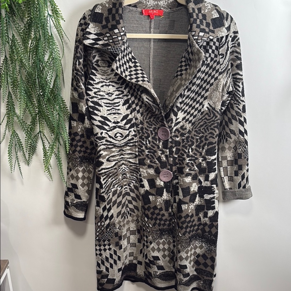 Black and Gray Knit Cardigan with Geometric Pattern
